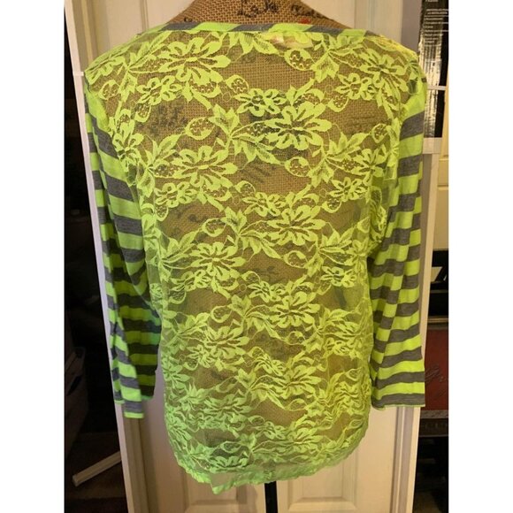 🌸3/$15🌸Gray & Neon Striped Long Sleeve Blouse, Lace Back & Knotted Front JR XL - Picture 5 of 5